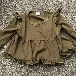 Earthy Boho Olive Long Sleeve Ruffle Shirt - 2T/3T
